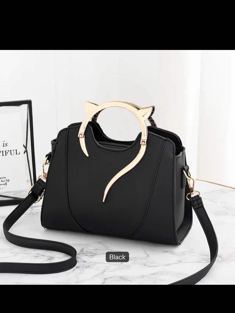 Black Cat-Handle Satchel Handbag